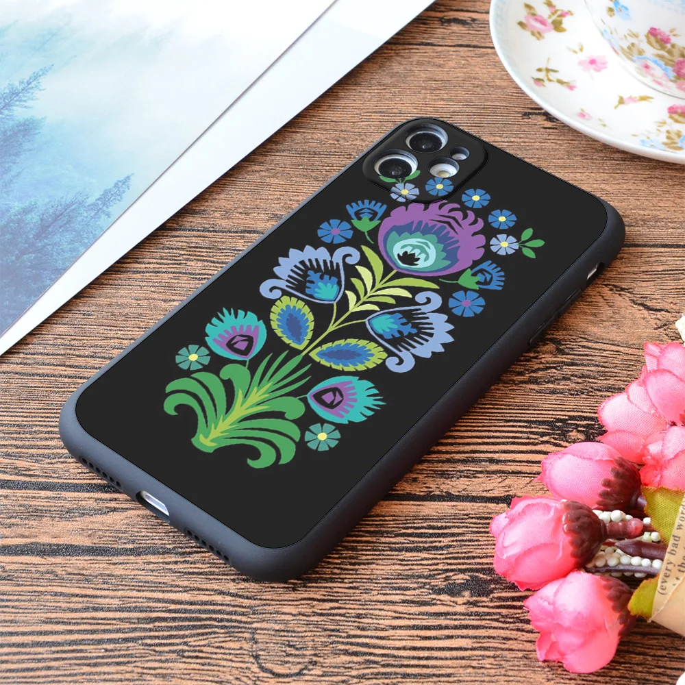 

For iPhone Polish Folk Flowers Purple on Black Print Soft Matt Apple iPhone Case