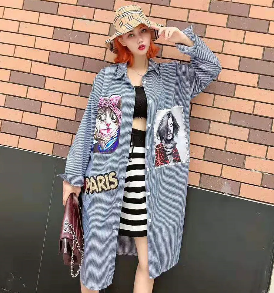 

Korean Fashion Girls Long Style Blouse Turn Down Collar Long Sleeve Shirt Cartoon Patchwork Sequins Stripe Tops