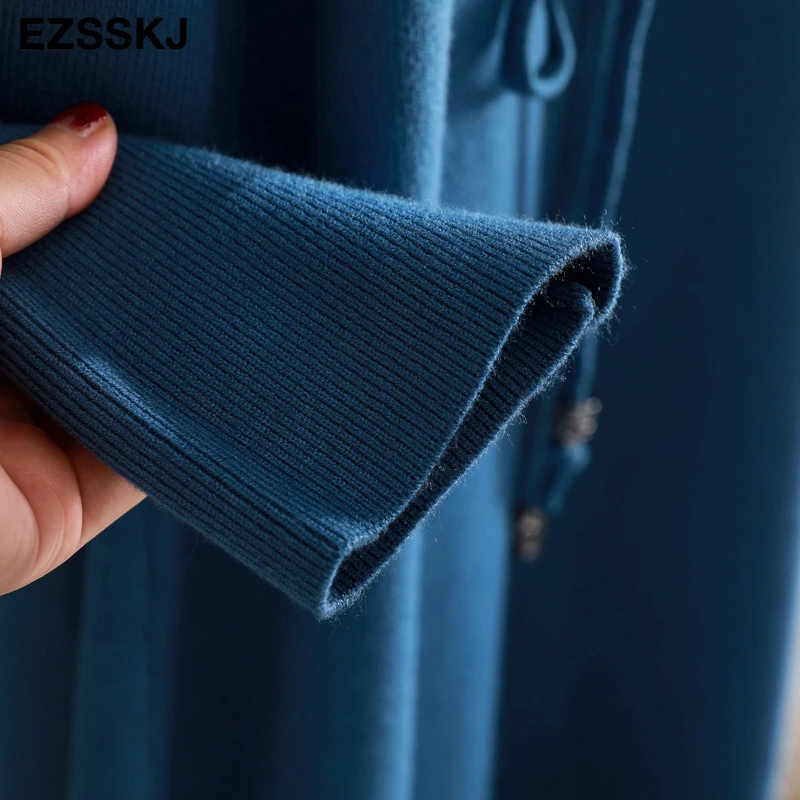 elegant O-neck loose long Thick Sweater dress women Autumn Winter lace Drawstring dress Femme Lace Up loose robe Knitted dress