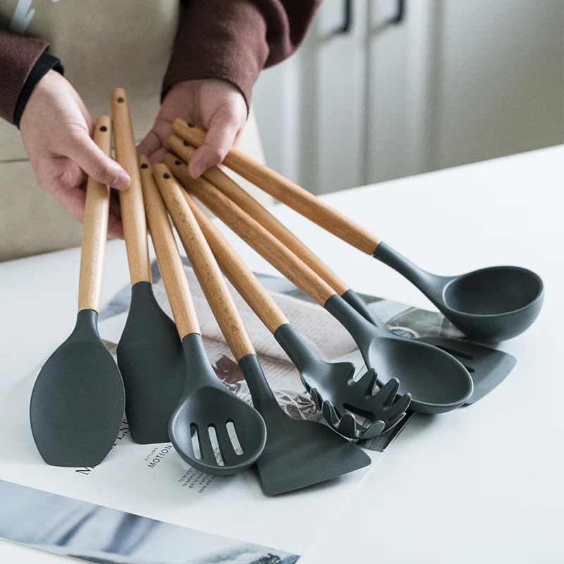 10/11/12/Set Silicone Kitchen Utensil Cooking Non-stick Spatula Shovel Tong Soup Ladle Wooden Handle Stainless Steel Storage Box
