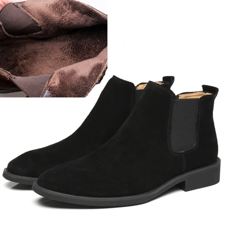 Black with Fur DESAI/мужские ботинки «Челси»; высокие ботинки из натуральной кожи; Модные Ботинки martin из коровьей замши в английском стиле; бархатные мокасины; мужские ботинки - Цвет: Black with Fur