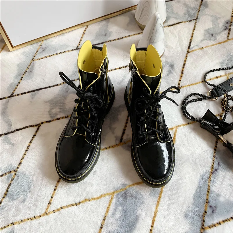 FEDONAS Patent Leather Women Casual Ankle Boots Cross-tied Autumn Winter Keep Warm Short Boots Basic New Fashion Shoes Woman
