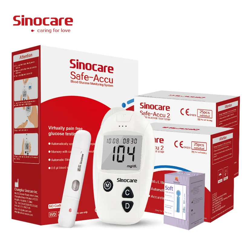 Sinocare Safe-Accu Blood Glucose Meter Blood Sugar Meter Glucometer Kit or Test Strips Needles Lancets Medical Diabetes