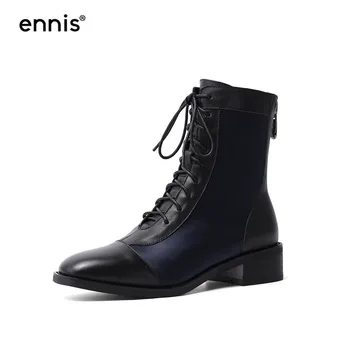 

ENNIS 2019 Fashion Martin Boots Women Genuine Leather Ankle Boots Low Heel Lace Up Ankle Boots Mixed Color Designer Shoes A9296