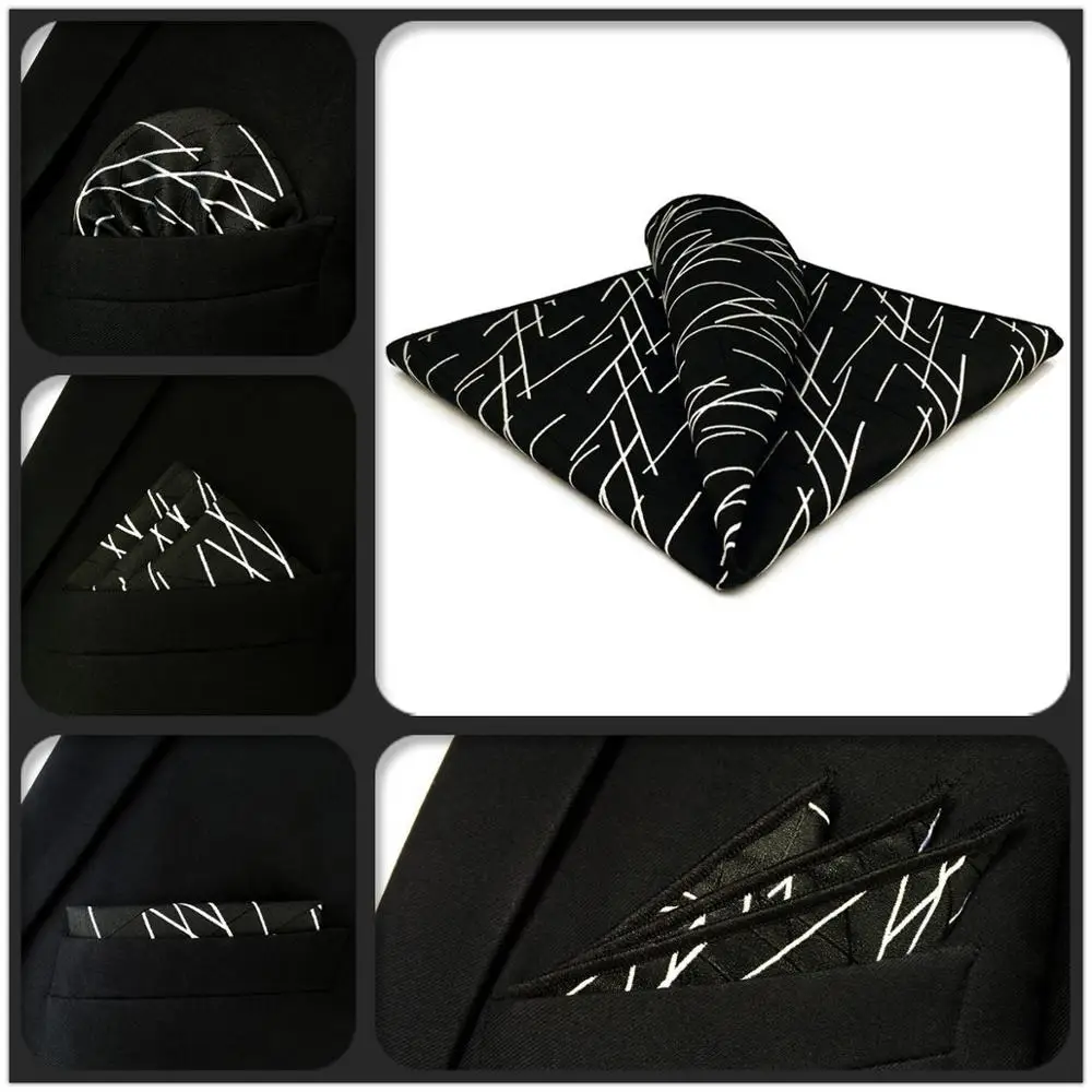 

GH01 Black Geometric Mens Pocket Square Silk Business Hanky Fashion Wedding Handkerchief