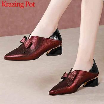 

Krazing Pot high quality genuine leather mixed colors sweet bowtie pointed toe med heel slip on party wedding big size pumps L96