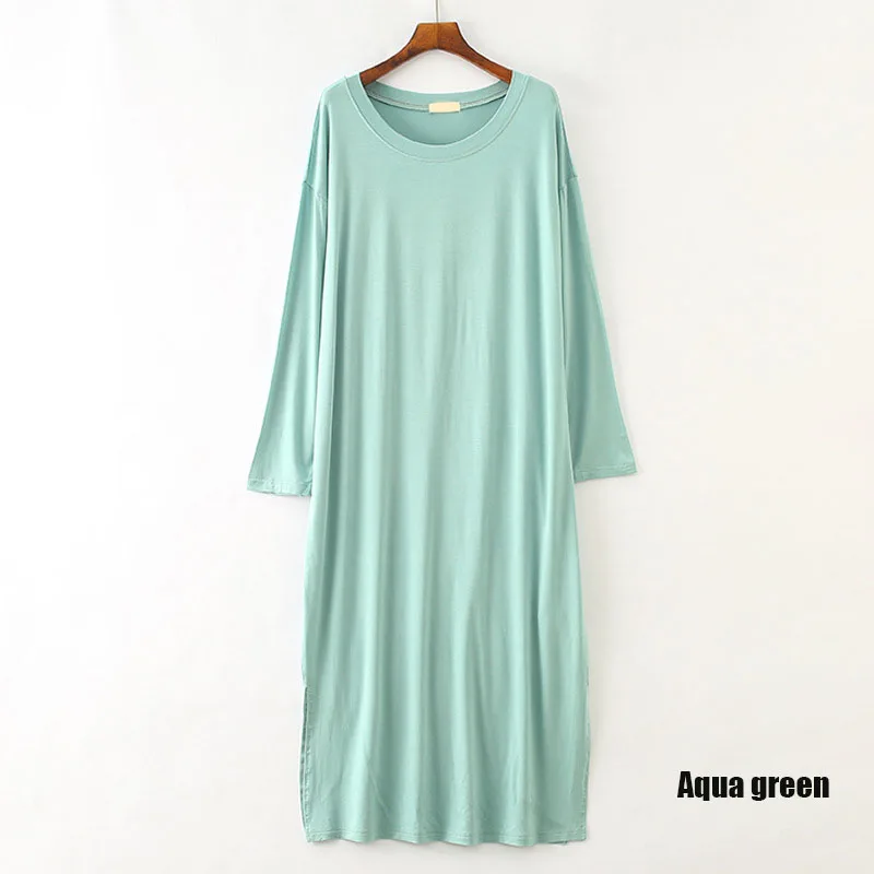 Aqua green Осенняя ночная рубашка больших размеров, женская простая ночная рубашка, мягкая ночная рубашка из модала, женское спальное платье с длинным рукавом и круглым вырезом - Цвет: Aqua green