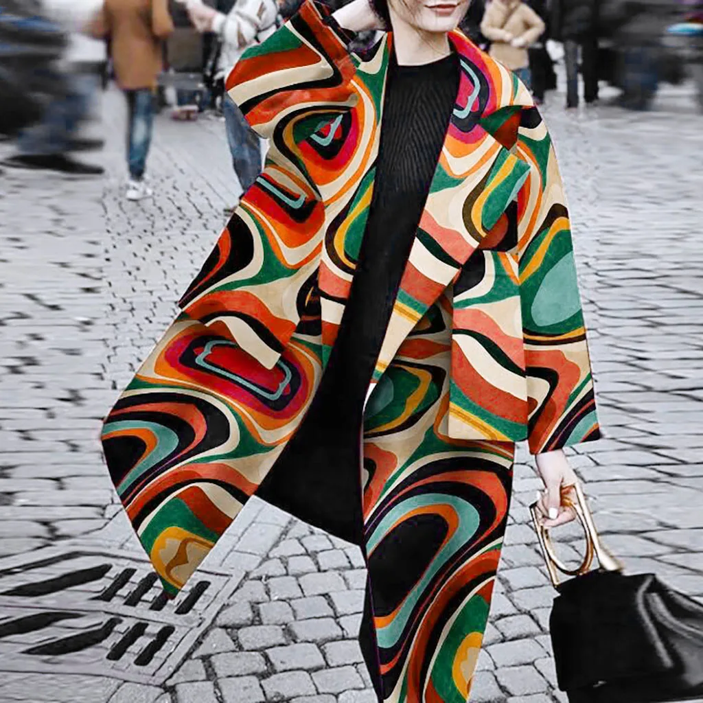 Multicolor Винтажное Женское пальто с длинным рукавом, куртки, Осень-зима, женская элегантная куртка с принтом, повседневная женская уличная одежда z1021 - Цвет: Multicolor