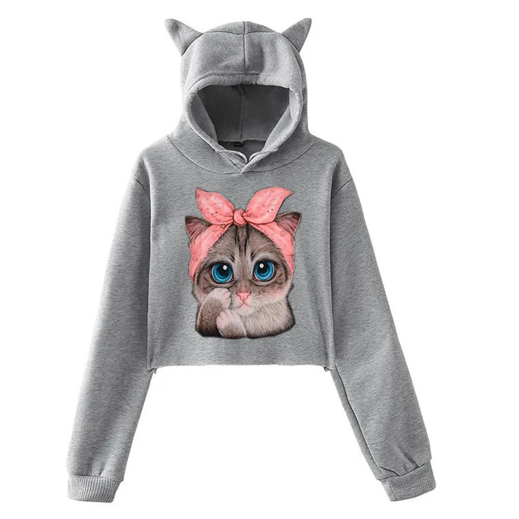 JAYCOSIN Fashion Women Cat Print Sweatshirt Novel Chic Elegant Pullover Casual Cute Ear Hooded Blouse Tops | Женская одежда