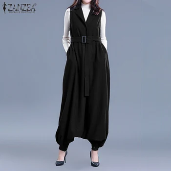 

ZANZEA Women Sleeveless Drop Crotch Rompers Elegant Lapel Neck OL Jumpsuits Casual Summer Solid Overalls Loose Playsuits Pants