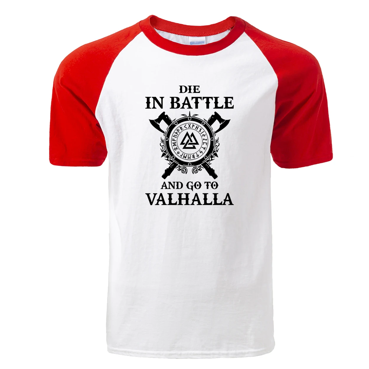 Новая футболка Odin Vikings, Мужская футболка с реглан «Die In Battle And Go To Valhalla»,, летняя футболка с принтом в стиле хип-хоп, черные топы, футболка - Цвет: Red White 1