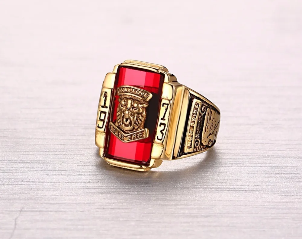 Trendy High School Class Rings for Men Stainless Steel Red Stone 1973 Walton Tigers Tag Finger Ring Fashion Jewelry bague anel masculino 13