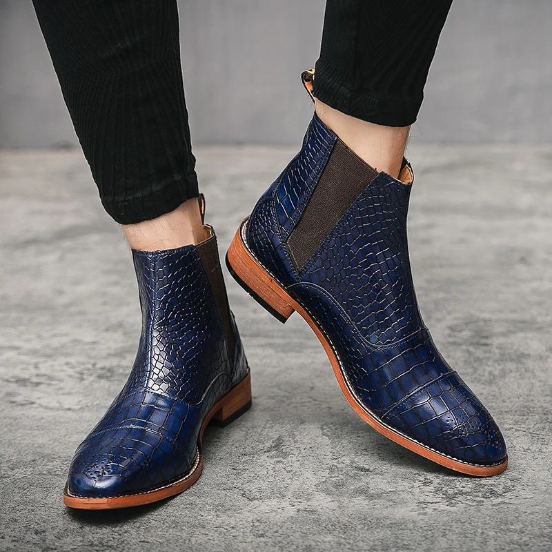 New Italian Men Chelsea Boots PU Leather Pointed Toe British Crocodile Pattern Blue Black Formal Mens Boots Oxford Fashion