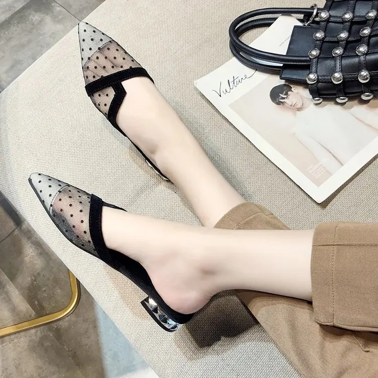 

2020 Summer WOMEN'S Shoes New Style Korean-style Pointed-Toe Outer Wear Flat Closed-toe Slipper Polka Dot Gauze Outer Wear Flat