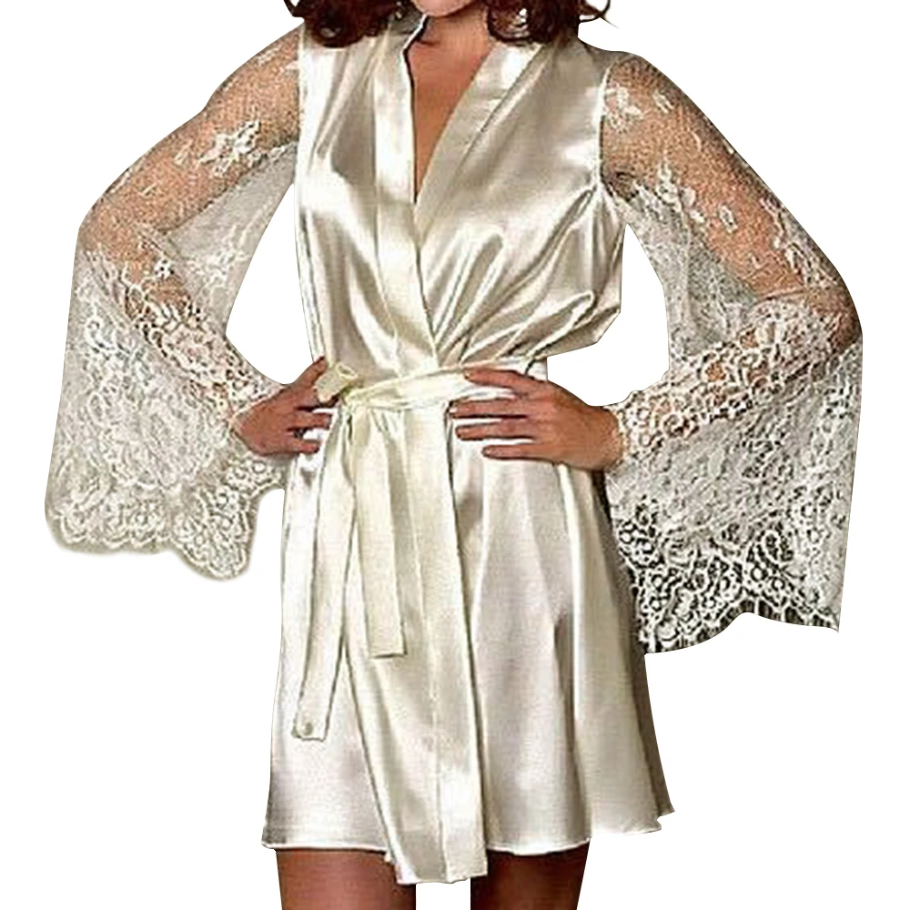 Fashion Silk Satin Kimono Robe Lingerie Sleepwear Belt Bath Bathrobe