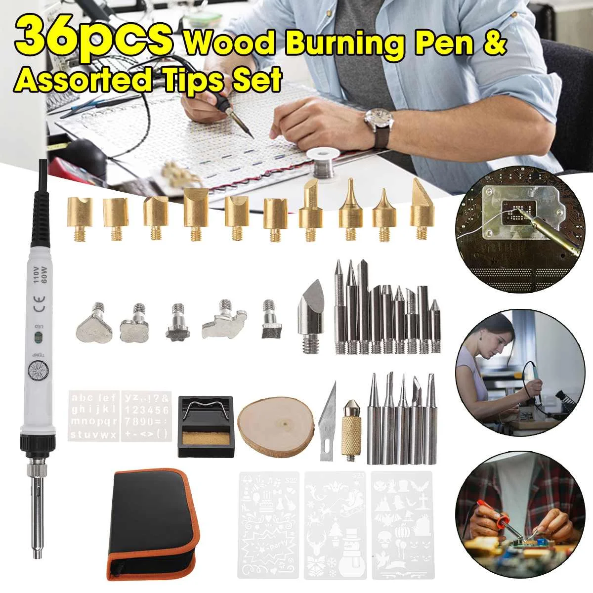 

Adjustable Soldering Iron Carving Pyrography Tool 60W Wood Embossing Burning Solder Pen Set Welding 36 Tips Kit Pyrography Tools