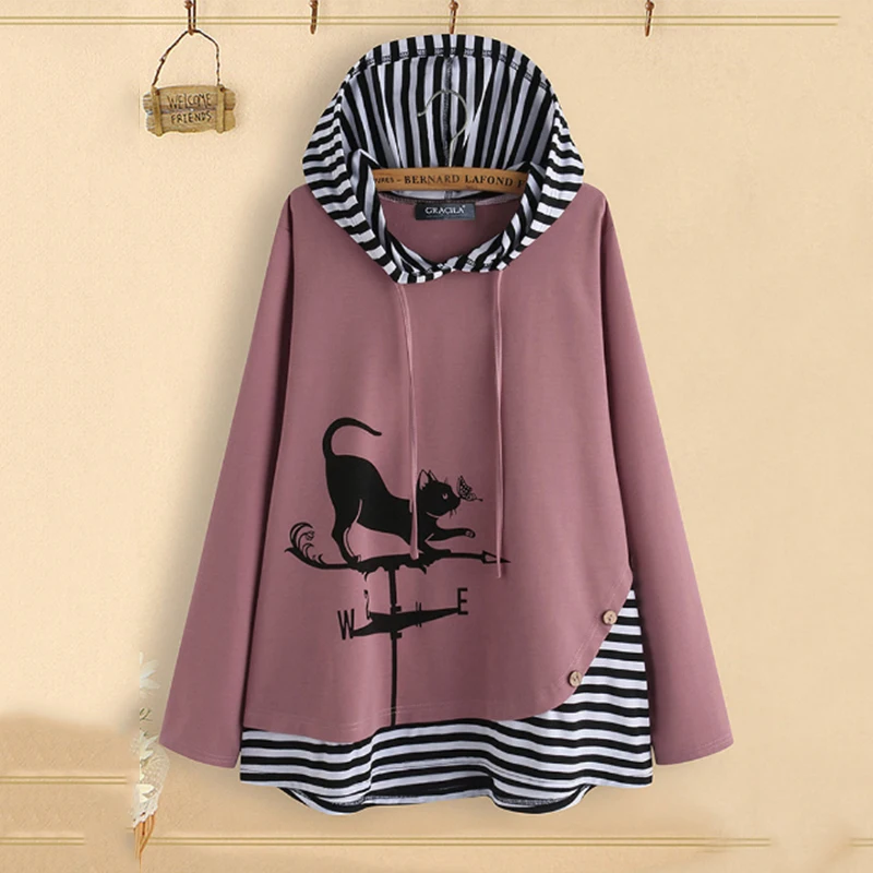 

Plus Size Spring Striped Patchwork Hoodies Women Cartoon Cat Print Tunic Pullovers Tops Long Sleeve Party Hooded Sweatshirts