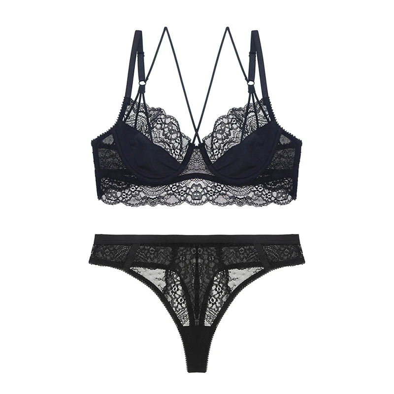 black with thong Varsbaby, новинка, французский стиль, сексуальное, ультра-тонкое, цветочное, кружевное нижнее белье, без подкладки, красивые комплекты с бюстгальтером сзади - Цвет: black with thong