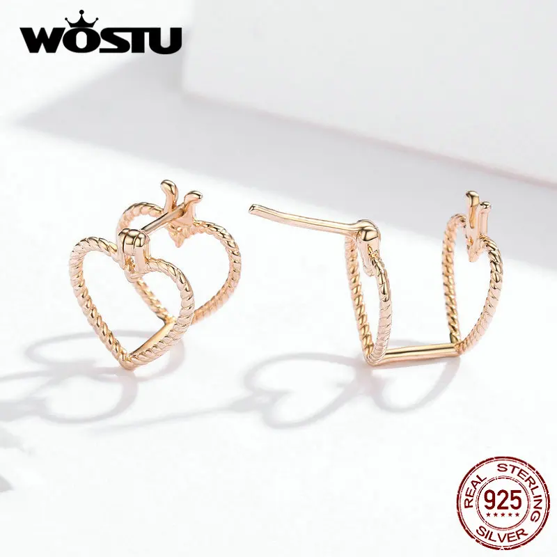 WOSTU, 925 пробы, серебряные, трехмерные серьги-гвоздики в форме сердца, циркон, розовое золото, свадебные серьги для женщин, 925, ювелирное изделие, CQE696
