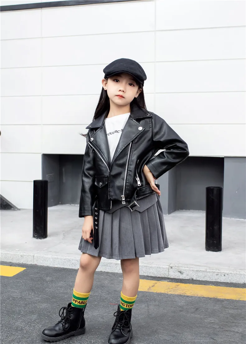 black mink coat Girls Black Pink Red Pu Zipper Jackets Kids Girl Leather Jacket Spring Autumn Cool Coat Children Clothes Overcoats Windbreaker navy wool coat