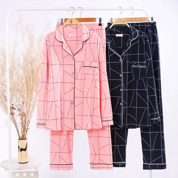 

Fashion Korean Couple Romantic Pajamas Pure Cotton Long-sleeved Cardigan Knitted New Women's Home Wear Suit Winter Pajamas Women