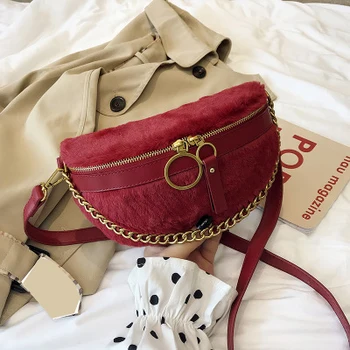 

Fashion Frosted Chain Plush Waist Bags For Women Shoulder Bags Casual Solid Color Chain Chest Bags Korean Style Ladies Messenger