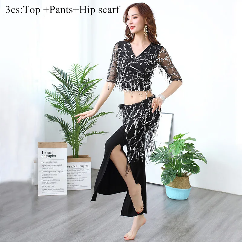 3pcs Black(pants) Новая женская одежда для танца живота, сексуальный круговой воротник из топа или длинной юбки или штанов, набор для занятий танцором с кисточками - Цвет: 3pcs Black(pants)