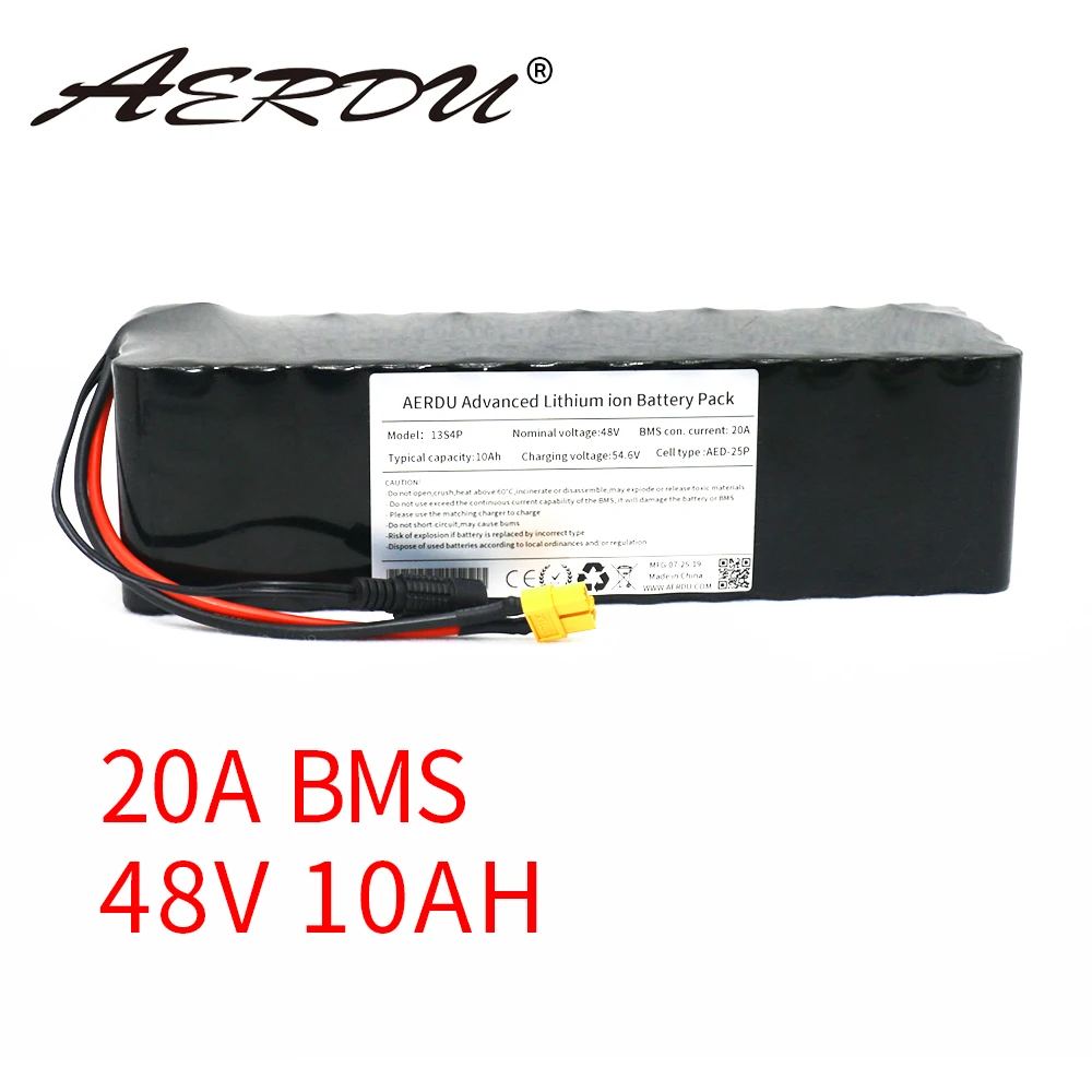 Аккумулятор AERDU 48V 10Ah 13S4P 780W 18650 Li Ion с зарядным устройством 54 6 V 2A для электромобиля