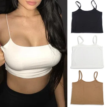 

Summer Sexy Female Crop Tops 95% Cotton Women Sleeveless Straps Tank Top Solid Fitness Lady Camis Casual White Black Camisole
