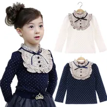 Lememogo/осенние хлопковые рубашки для девочек школьные детские блузки, одежда детская Милая кружевная блузка в горошек с длинными рукавами для девочек, блузки, топы