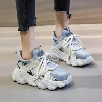 

2020 Fashion White Chunky Sneakers Women Split Leather Shoes Flat Platform Ladies Lace-Up Fashion White Shoes Tenis Feminino