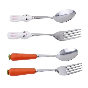 

Kitchen Creative Rabbit Carrot Shape Dinnerware Set Stainless Steel Dinner Fork Scoops Dessert Tableware Set for Chlidren