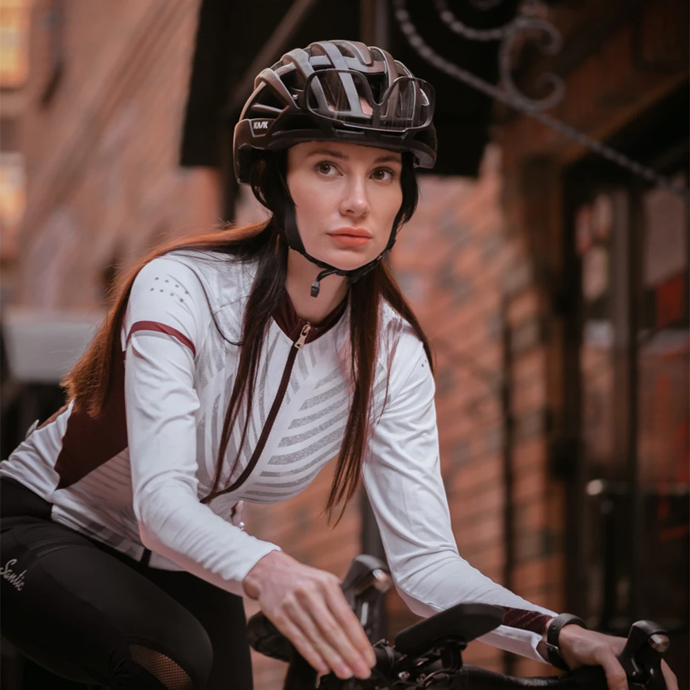 Santic Women's Cycling Jersey Long Sleeve Bicycle Tops Full Zipper MTB Bike Shirts Reflective Sport Clothing Jacket with Pockets