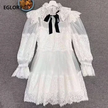 

Bow Tie Elegant Lace Dress 2019 Autumn Fashion Women Sexy Sheer Polka Dot Mesh Patchwork 3/4 Sleeve Black White Lace Club Dress