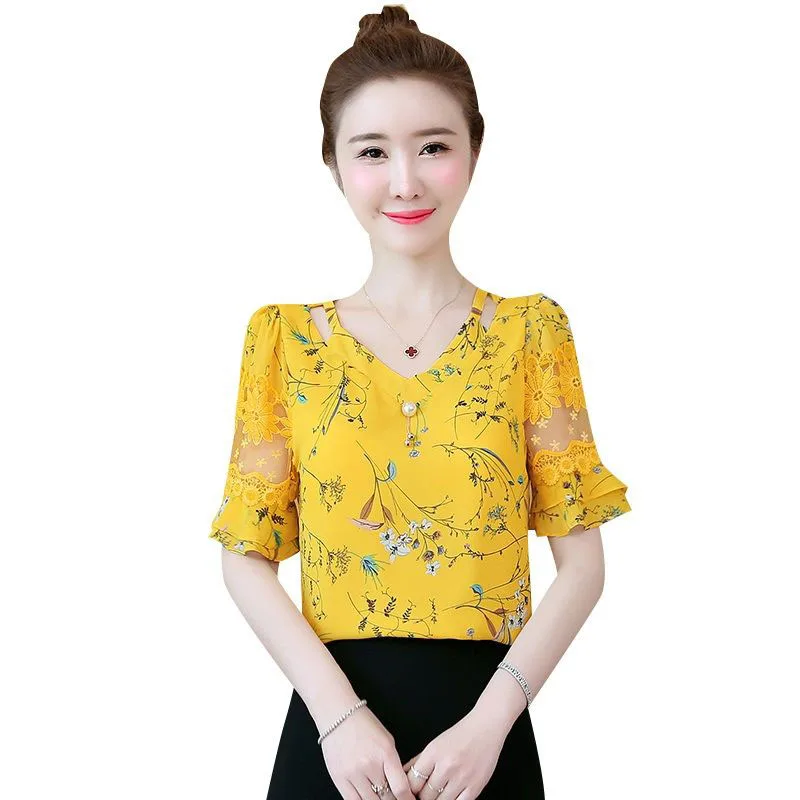 

Women Spring Summer Chiffon Blouses Shirts Lady Casual Short Flare Sleeve Flower Printed Blusas Tops DF2846
