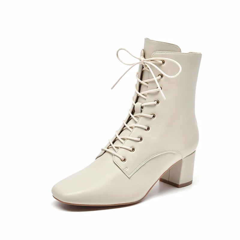 Beige BeauToday/женские ботильоны из натуральной овечьей кожи на молнии со шнуровкой и квадратным носком на высоком каблуке; женские ботинки ручной работы; 03372 - Цвет: Beige