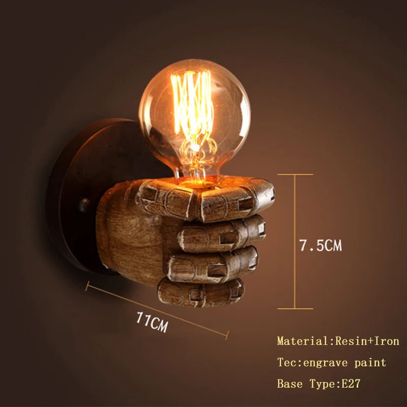 Retro Creative Fist Shape Wall Light E27 Lamp Holder Industrial Style Wall Lamp New Year Decoration for Home Bar Ligthting