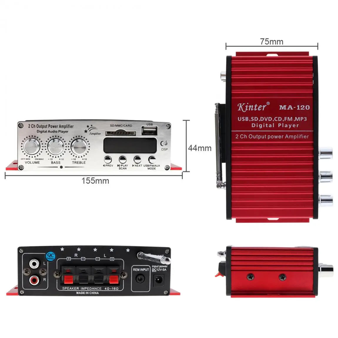 Kinter MA-120 12V 2CH HIFI Car Power Amplifier FM Radio Stereo Music Player Support USB SD DVD MP3 Input for Auto Motorcycle