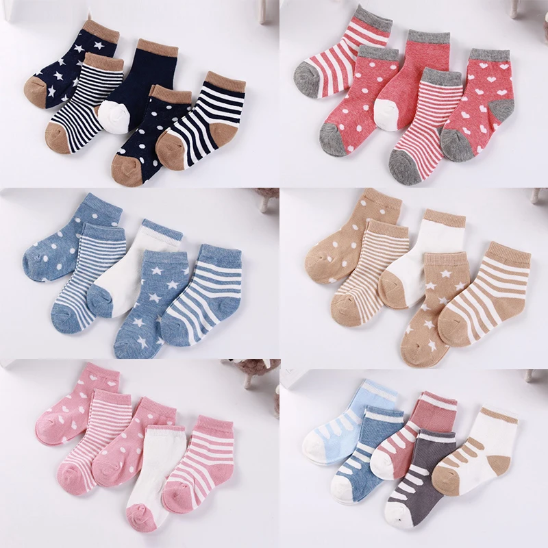 Calcetines de algodón suave para niños de 0 a 6 años, 5 par/lote, para niño y niña, para bebé, Linda y cálida caricatura, a rayas, a la moda, para escuela, Otoño e Invierno