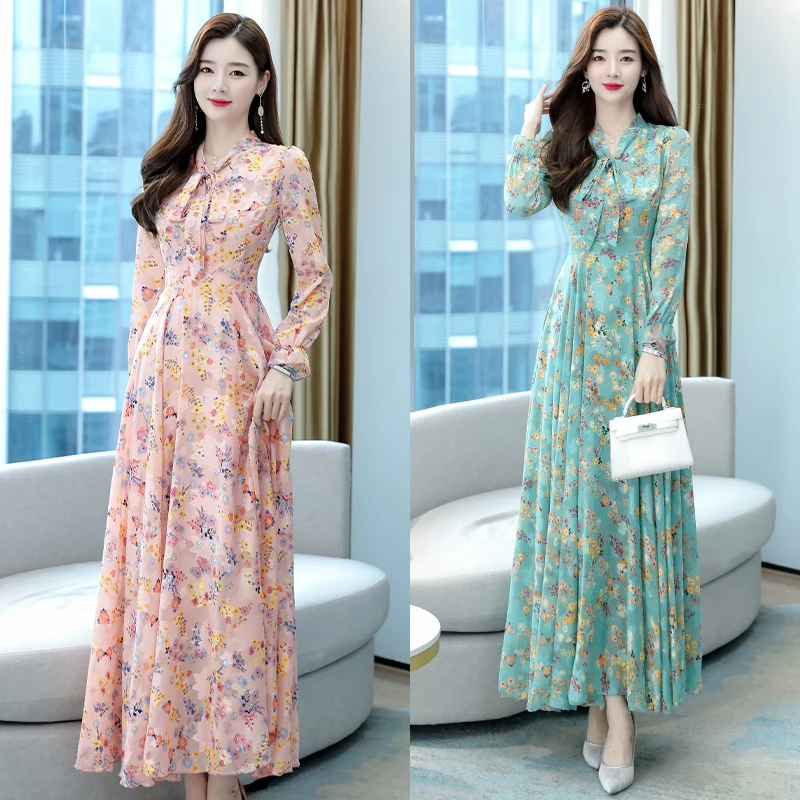 2024 Autumn Winter Vintage Women Maxi Dresses Floral Chiffon