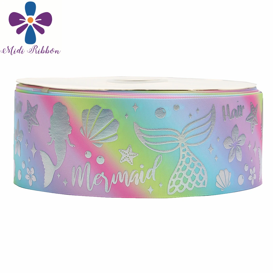 

3"75mm Cartoon Mermaid Tail Shell Rainbow Hologram Foil Gradient Color Printed Grosgrain Ribbon DIY Hair Bowknots 50yards/roll