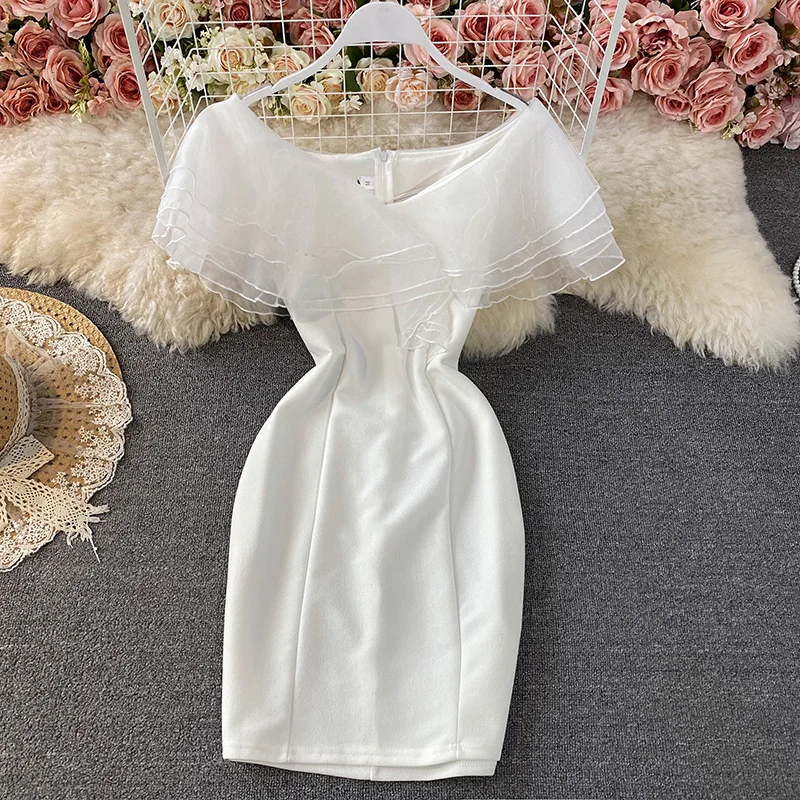 

2021 summer dress fashion ladies layered organza stitching V-neck slim A-line woman dress white