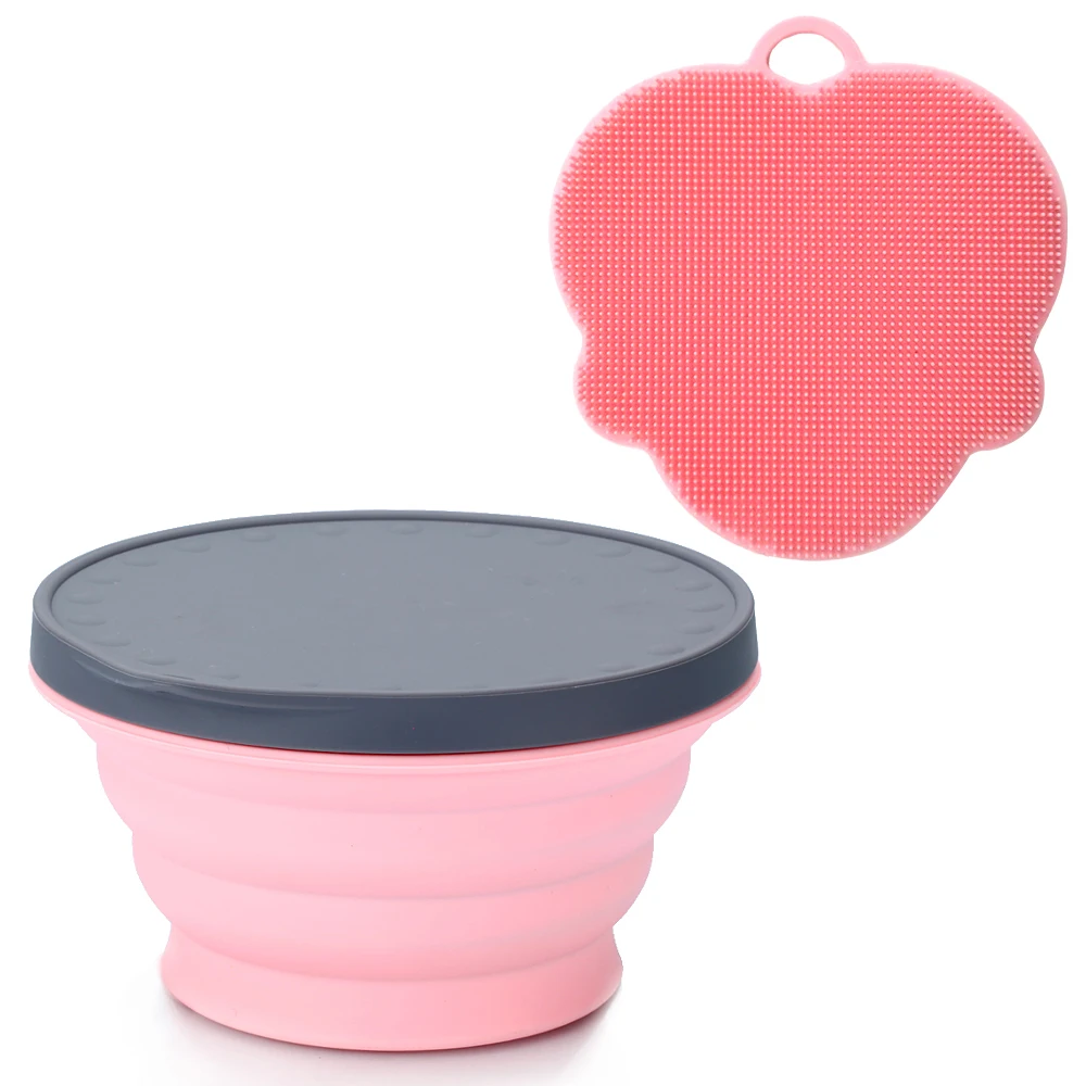 Silicone Collapsible Portable Bowl Expandable Bowl with Lid and Silicone Dish Sponge for Travel Camping Hiking - Цвет: Pink