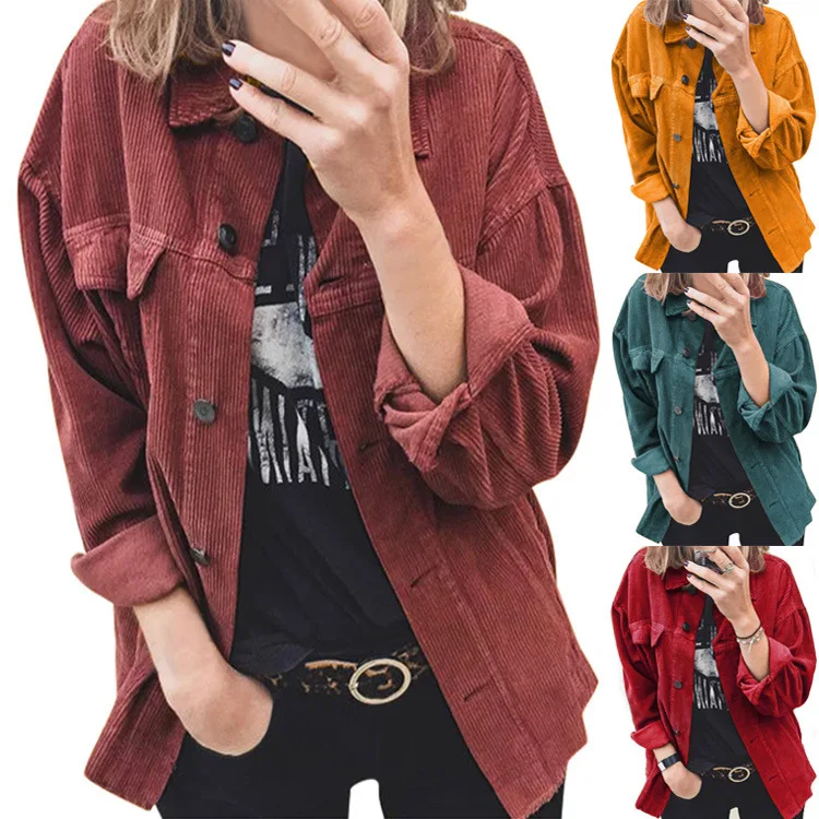 

New autumn corduroy buttoned cardigan long-sleeved lapel loose padded shirt women