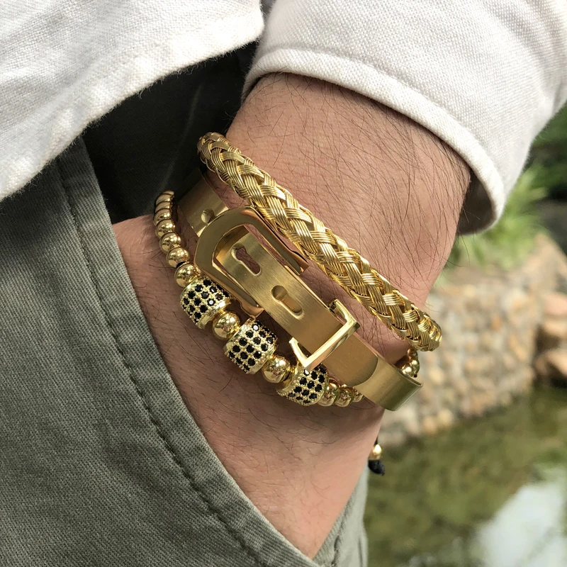 

3pcs/Set Micro Pave Round Bead Braided Bracelets Adjustable Horseshoe Belt Buckle Bangles Pulseiras Luxury Handmade Jewelry