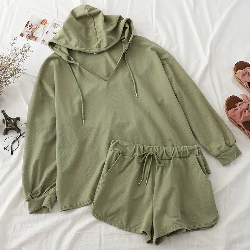 Green Heliar Hood Drastring Cargo пуловер и шорты осень Highstreet два предмета наряды женские летние костюмы пальто и шорты костюмы - Цвет: Green
