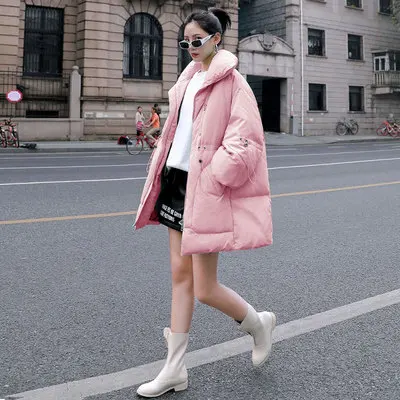 pink Корейская мода, женская парка средней длины, большой размер, свободная, зимняя, толстая, теплая, одноцветная, пуховик с хлопковой подкладкой, женская верхняя одежда, уличная одежда - Цвет: pink