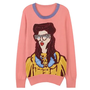 

Korean Character Pattern Print Pullover Female Long Sleeve Knitted Sweater Women Top Fashion Jumper Beading Ladies Streetwear