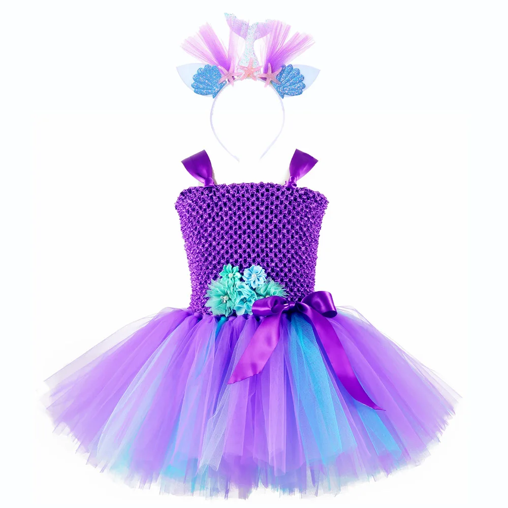 Mermaid Dress 4 Милые свадебные платья русалки для девочек, рождественское платье с рисунком ракушек детская юбка-пачка в стиле Русалочки, платье принцессы Ариэль комплект с повязкой на голову с блестками - Цвет: Mermaid Dress 4