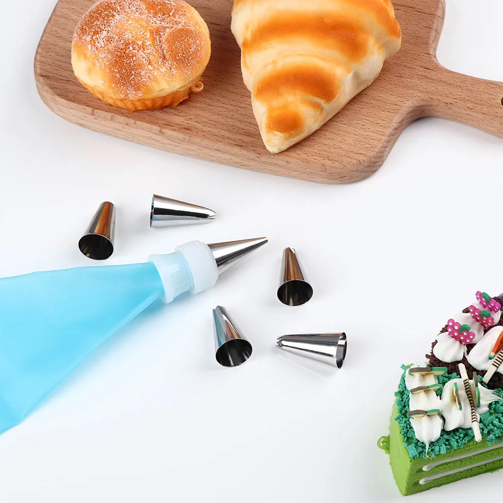 Silicone Icing Piping Cream Pastry Bag+ 6 Pcs Stainless Steel Nozzle Set DIY Cake Decorating Tools